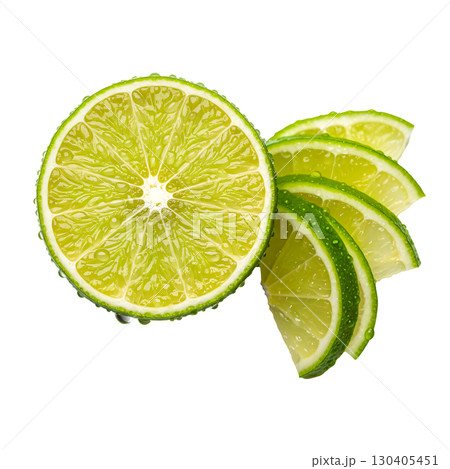 This image features fresh lime slices dripping with water, ideal for food, drink, and health-related content. The vibrant green citrus and water drops create a refreshing and crisp visual. 130405451