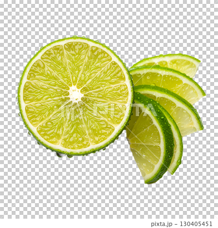 This image features fresh lime slices dripping with water, ideal for food, drink, and health-related content. The vibrant green citrus and water drops create a refreshing and crisp visual. 130405451
