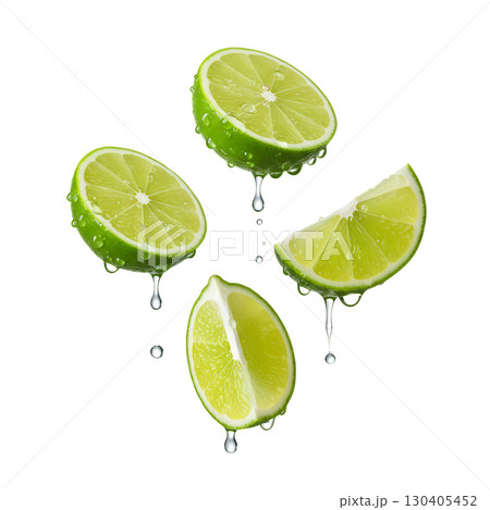 This image features fresh lime slices dripping with water, ideal for food, drink, and health-related content. The vibrant green citrus and water drops create a refreshing and crisp visual. 130405452