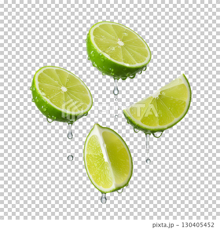 This image features fresh lime slices dripping with water, ideal for food, drink, and health-related content. The vibrant green citrus and water drops create a refreshing and crisp visual. 130405452