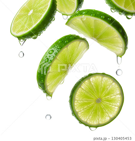 This image features fresh lime slices dripping with water, ideal for food, drink, and health-related content. The vibrant green citrus and water drops create a refreshing and crisp visual. 130405453