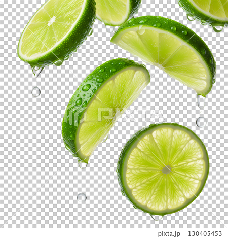 This image features fresh lime slices dripping with water, ideal for food, drink, and health-related content. The vibrant green citrus and water drops create a refreshing and crisp visual. 130405453