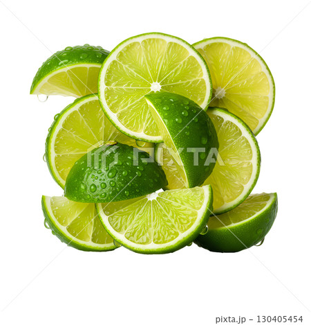This image features fresh lime slices dripping with water, ideal for food, drink, and health-related content. The vibrant green citrus and water drops create a refreshing and crisp visual. 130405454