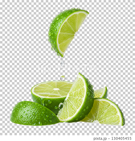 This image features fresh lime slices dripping with water, ideal for food, drink, and health-related content. The vibrant green citrus and water drops create a refreshing and crisp visual. 130405455