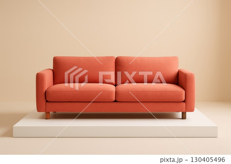 Coral modern sofa on white platform against beige background Coral modern sofa on white platform against beige background 130405496