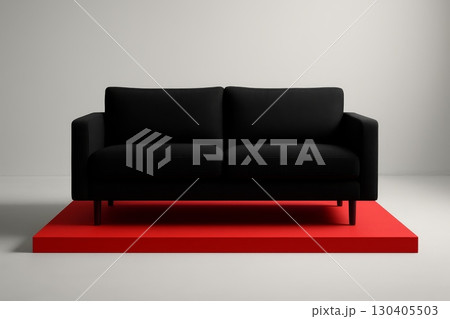 Black modern sofa on red platform against light grey wall in minimal interior, contemporary furniture front view 130405503