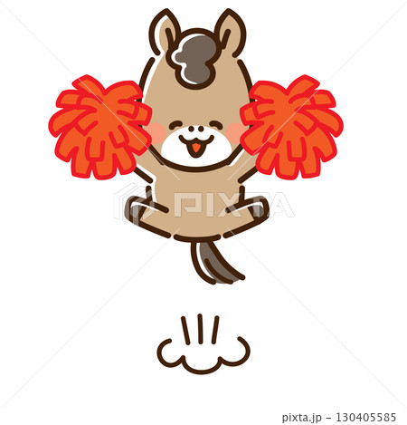 ポンポンを持って笑顔で飛び跳ねる馬 130405585