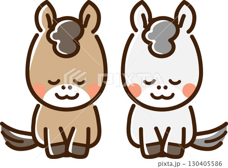 正座でお辞儀をする二頭の馬 130405586