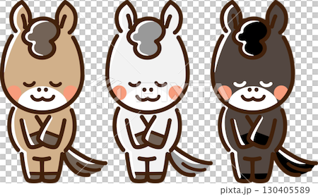 笑顔でお辞儀をする馬トリオ 笑顔でお辞儀をする馬トリオ 130405589