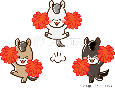 ポンポンを持って笑顔で応援する馬トリオ ポンポンを持って笑顔で応援する馬トリオ 130405593