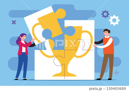 Teamwork Puzzle Building Success Trophy Vector Illustration 130405689