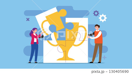Teamwork Puzzle Building Success Trophy Vector Illustration 130405690