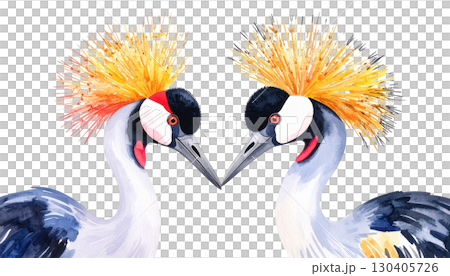 Amazing image of two grey crowned cranes with red beaks and black crests isolated on white background. Amazing image of two grey crowned cranes with red beaks and black crests isolated on white background. 130405726