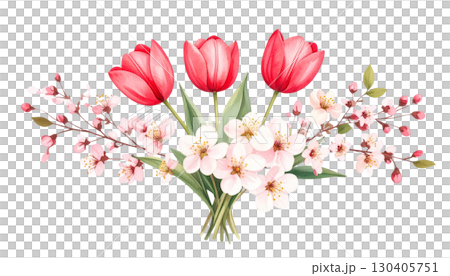 Beautiful pink spring flowers and green leaves blooming, isolated on white background. Beautiful pink spring flowers and green leaves blooming, isolated on white background. 130405751