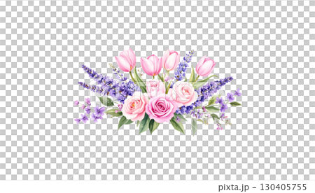 Beautiful pink spring flowers and green leaves blooming, isolated on white background. 130405755