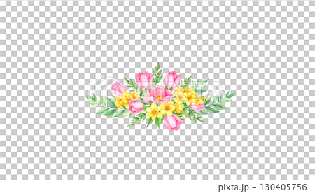 Beautiful pink spring flowers and green leaves blooming, isolated on white background. 130405756