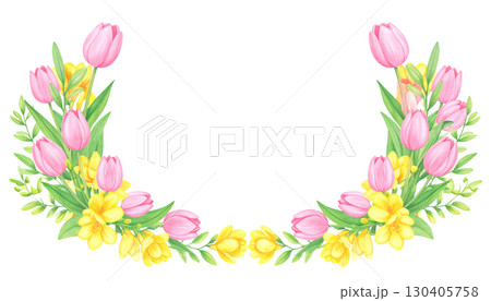 Beautiful pink spring flowers and green leaves blooming, isolated on white background. 130405758