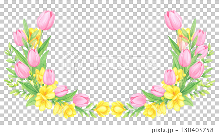 Beautiful pink spring flowers and green leaves blooming, isolated on white background. 130405758