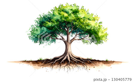 Light green tree growing in soil and grass isolated on white background Light green tree growing in soil and grass isolated on white background 130405779