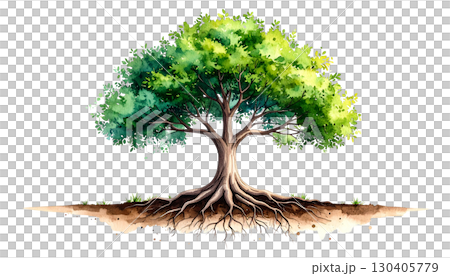 Light green tree growing in soil and grass isolated on white background Light green tree growing in soil and grass isolated on white background 130405779