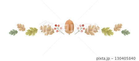 水彩風のどんぐりと葉っぱ・赤い実のフレーム｜秋素材 130405840