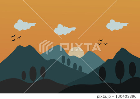Nature flat vector illustration of a peaceful sunset landscape.The design features mountain and hill silhouettes, stylized trees, and birds, all against a warm, orange-toned sky. 130405896
