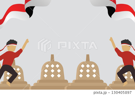 Indonesian flag ribbons and Borobudur temple silhouette.Vector banner template. Indonesian flag ribbons and Borobudur temple silhouette.Vector banner template. 130405897