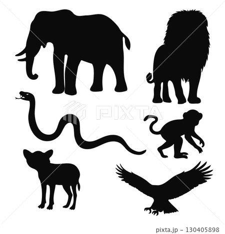 Collection of various wild animal silhouettes, featuring a majestic lion, elephant, a cunning snake, a soaring eagle, and an agile monkey. 130405898