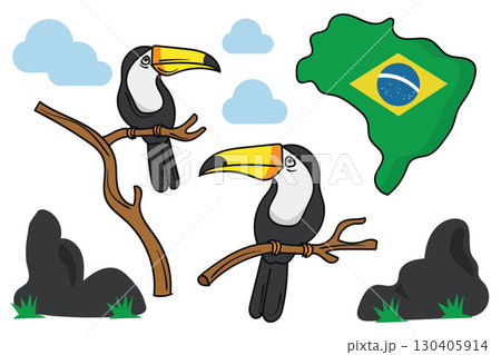 Colorful toucan birds and Brazil map with flag.Vector illustration. 130405914