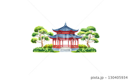 Traditional Chinese temple architecture isolated on white background. 130405934