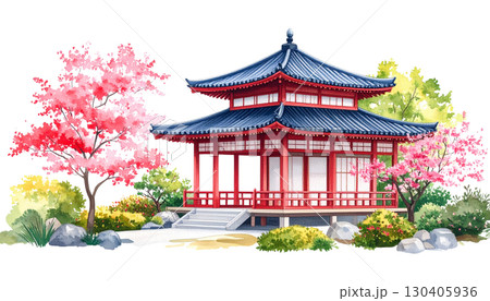 Traditional Chinese temple architecture isolated on white background. 130405936