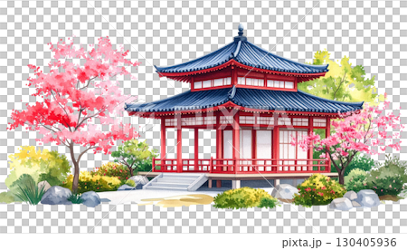 Traditional Chinese temple architecture isolated on white background. 130405936