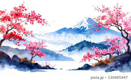Ink illustration of winter landscape with snow capped mountains and cherry trees isolated on white background. 130405947