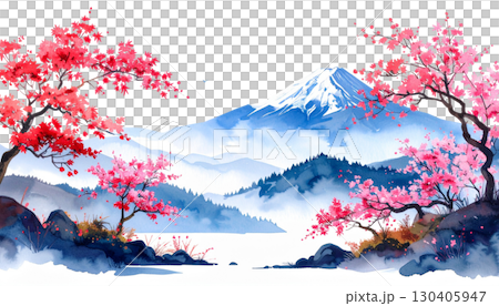 Ink illustration of winter landscape with snow capped mountains and cherry trees isolated on white background. 130405947