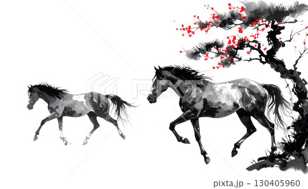 Silhouettes of two running horses in black illustration isolated on white background. 130405960