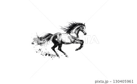 Silhouettes of two running horses in black illustration isolated on white background. 130405961