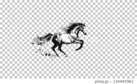 Silhouettes of two running horses in black illustration isolated on white background. 130405961