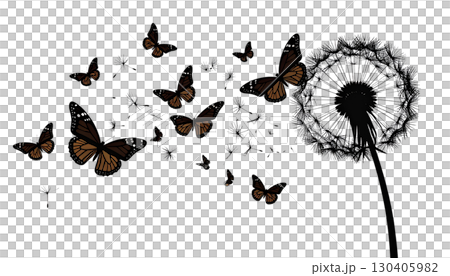 Illustration set of blooming dandelion butterflies on bright green grass field under summer sky with fluffy seeds, isolated on white background. 130405982