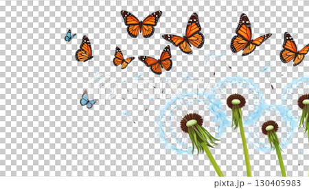 Illustration set of blooming dandelion butterflies on bright green grass field under summer sky with fluffy seeds, isolated on white background. 130405983