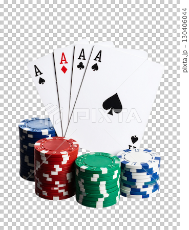 Poker cards and winning chips, including the Ace of Spades, on a white background. 130406044