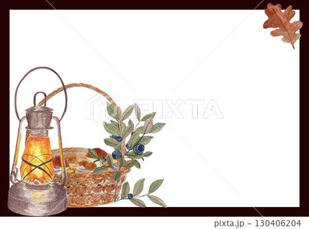 Vintage lantern, wicker basket, and blueberry branches, decorated with oak leaves. Watercolor frame. Rustic autumn template ideal for invitations, greeting cards, seasonal stationery, and cozy designs Vintage lantern, wicker basket, and blueberry branches, decorated with oak leaves. Watercolor frame. Rustic autumn template ideal for invitations, greeting cards, seasonal stationery, and cozy designs 130406204