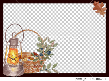 Vintage lantern, wicker basket, and blueberry branches, decorated with oak leaves. Watercolor frame. Rustic autumn template ideal for invitations, greeting cards, seasonal stationery, and cozy designs Vintage lantern, wicker basket, and blueberry branches, decorated with oak leaves. Watercolor frame. Rustic autumn template ideal for invitations, greeting cards, seasonal stationery, and cozy designs 130406204
