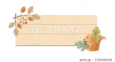 ナチュラル木ボードのどんぐりとリスのフレーム｜秋の可愛い飾り素材 130406206