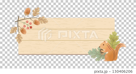 天然木板上的橡實和松鼠框架|可愛的秋季裝飾材料 天然木板上的橡實和松鼠框架|可愛的秋季裝飾材料 130406206