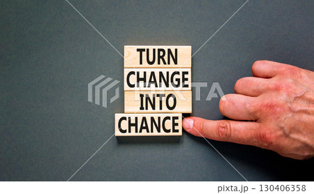 Turn change into chance symbol. Concept words phrase Turn change into chance on beautiful wooden blocks. Beautiful grey paper background. Business Turn change into chance concept. Copy space. 130406358