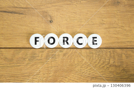 Force symbol. Concept word Force on beautiful white pills circles. Beautiful wooden table wooden background. Business lifestyle force concept. Copy space. 130406396