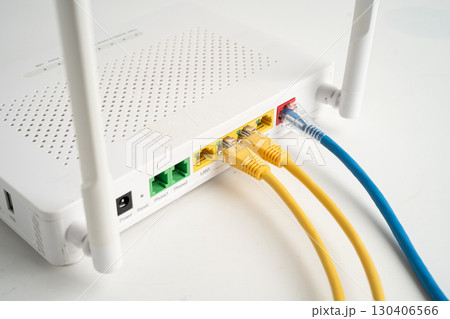 Ethernet cable with wireless router connect to internet service provider network. 130406566