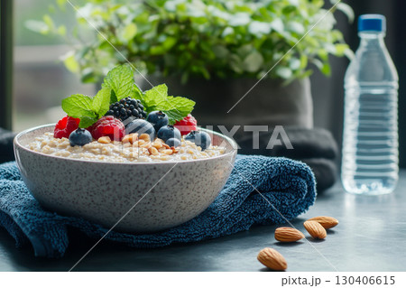 Nutritious oatmeal bowl with fresh berries, mint leaves, and nuts. A water bottle, blue towel, and almonds suggest a healthy fitness breakfast. 130406615