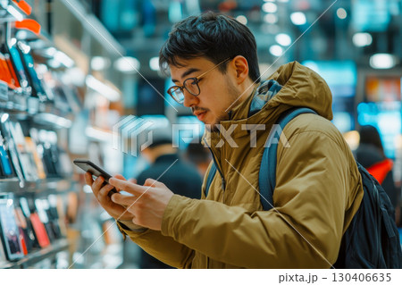 Young man with glasses browsing his smartphone screen inside a bright retail electronics store. He is focused on selecting new phone cases. 130406635