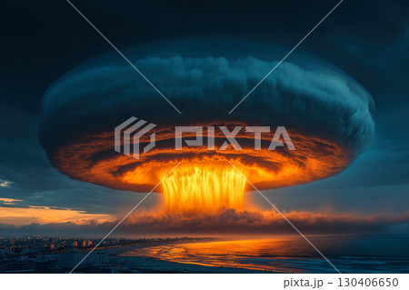Gigantic fiery plume erupts with mushroom shape above a dark coastal city and ocean. Intense orange glow dramatically illuminates the night sky. 130406650